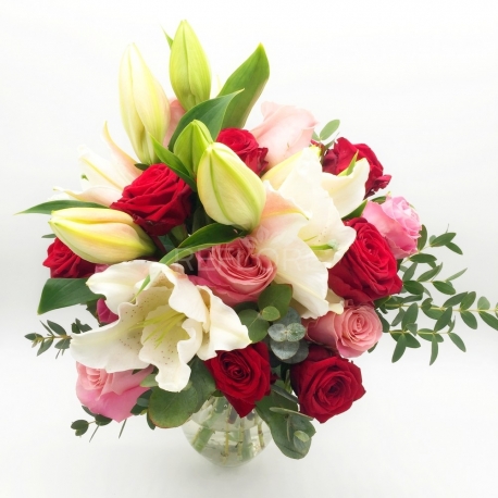 BOLLICINE: rose rosse, rose rosa e gigli