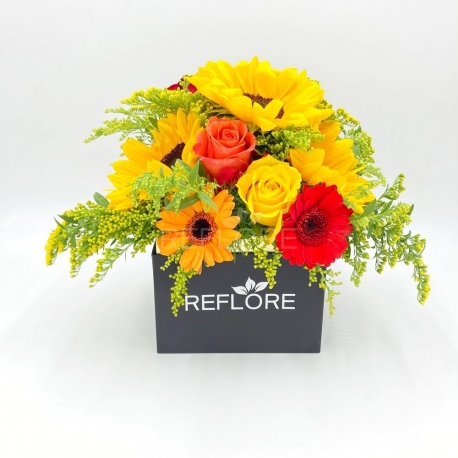 BOX NERA GELATO PROFUMATO: girasoli, rose e gerbere