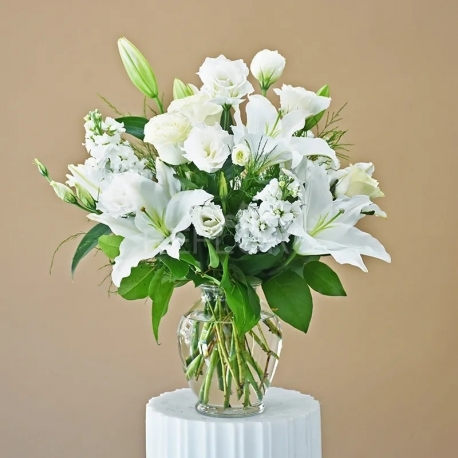 MAZZO FUNEBRE BIANCO DI ROSE E GIGLI