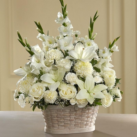 CESTO FUNEBRE BIANCO CON FIORI MISTI