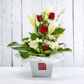 PERLA: bouquet fresh bianco con rose, gigli e gerbere